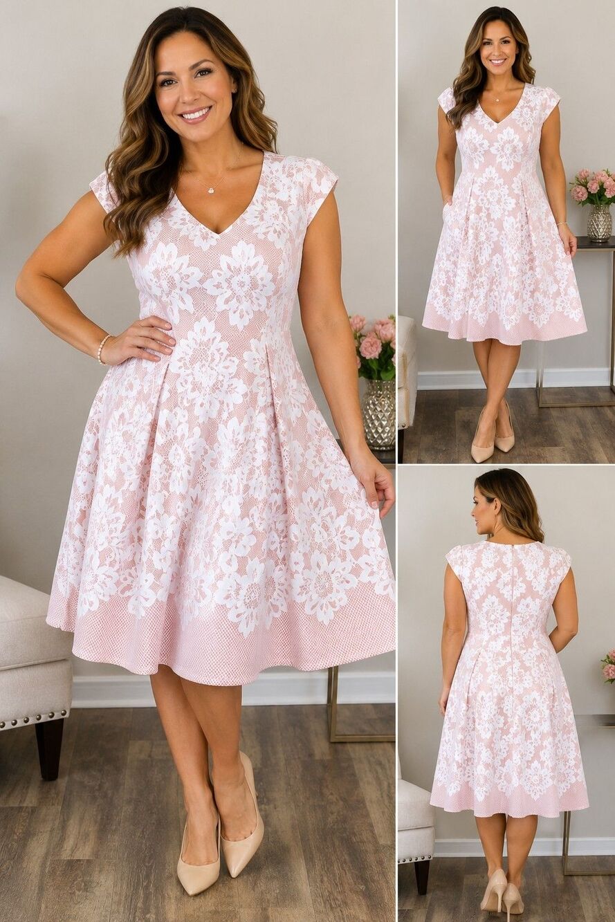 New Ronni Nicole Pink Midi Dress Women 16 Floral Romantic Feminine Wedding NWT